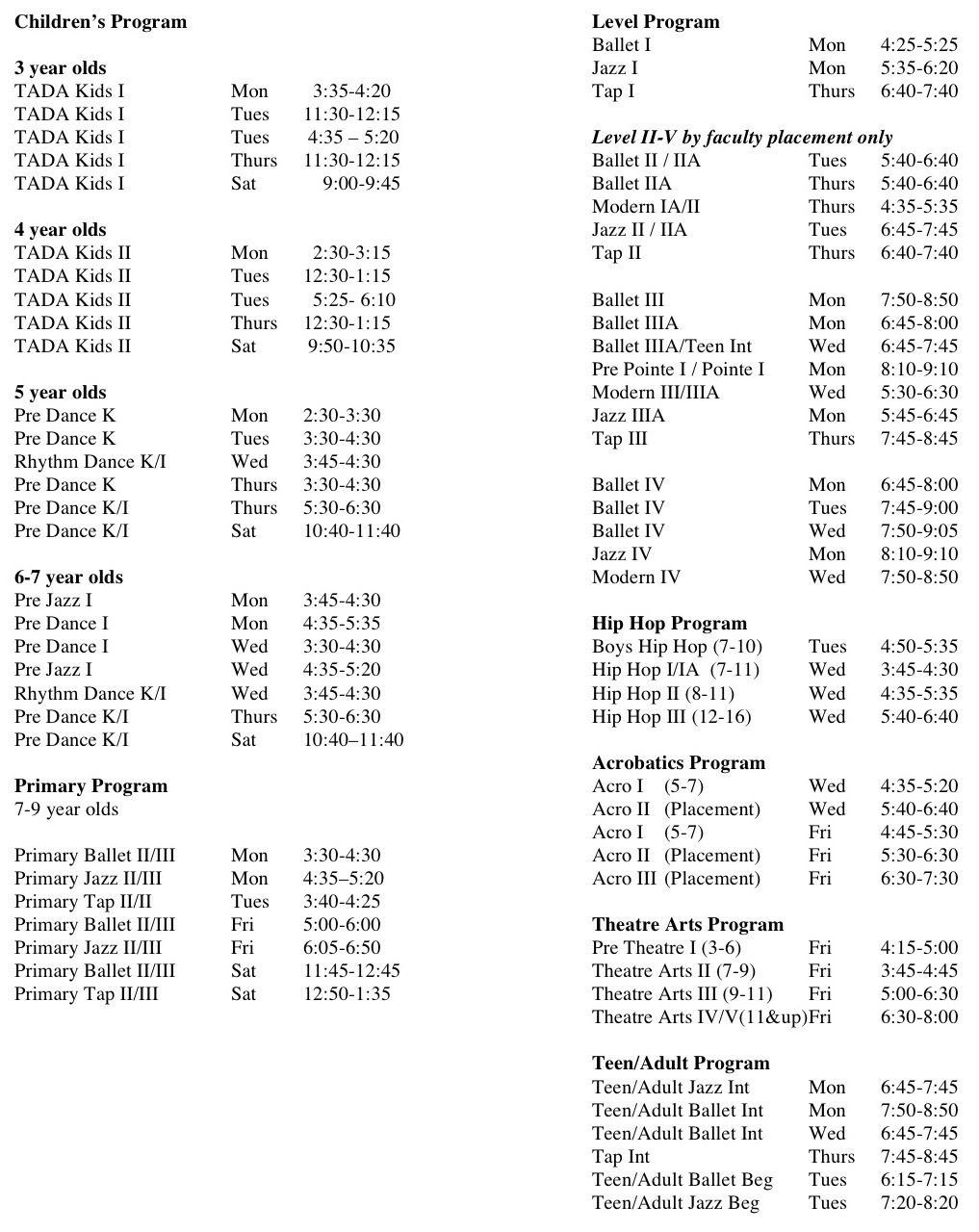 TADA SCHEDULE 2011